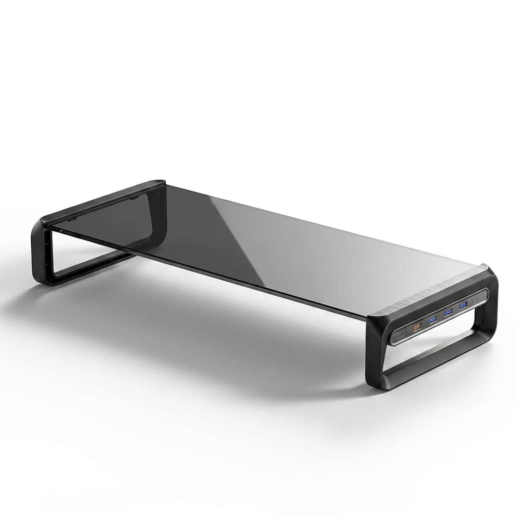 Transparent Glass Monitor Riser with USB Ports – 32 Inch Desktop Stand, Black