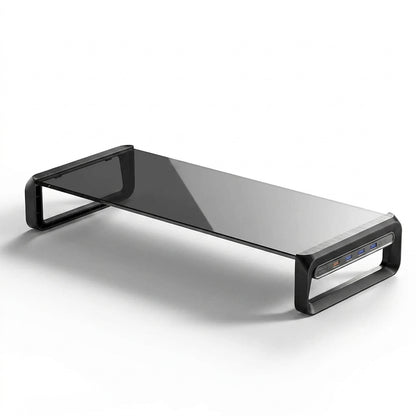 Transparent Glass Monitor Riser with USB Ports – 32 Inch Desktop Stand, Black