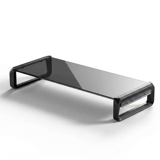 Transparent Glass Monitor Riser with USB Ports – 32 Inch Desktop Stand, Black