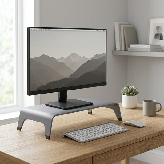 Ergonomic Aluminum Monitor Stand Riser for 19–27 Inch Screens – Silver Gray