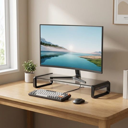Transparent Glass Monitor Riser with USB Ports – 32 Inch Desktop Stand, Black